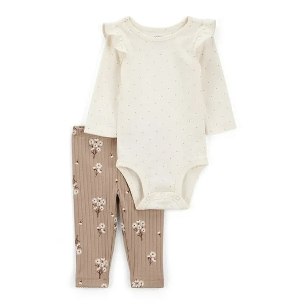 Carter's 3pc Bodysuit Pant Set Baby Girl NB Tan Floral Ribbed NWT